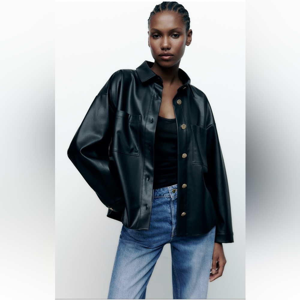 Women Zara Gold Button Faux Leather Overshirt Size XS